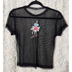 Womens Sheer Embroidered Top Size Small Black Mesh Floral Dark Romantic Feminine